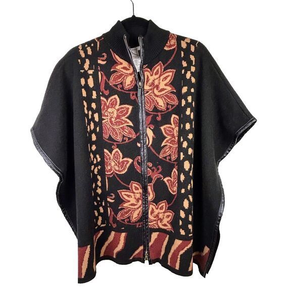 Chico’s Ruana Front Zip Sweater Knit Poncho Cape Cardigan Black Fall Floral S M - Picture 4 of 16